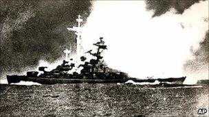 The Bismarck suffers a direct hit during battle in the Atlantic in 1941