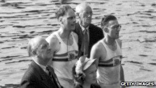 Richard Burnell and Bertram Bushnell just after winning the Olympic double sculls at Henley on Thames in 1948.