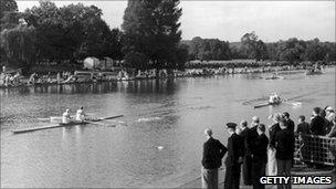 Richard Burnell and Bertram Bushnell winning the Olympic double sculls at Henley on Thames in 1948.