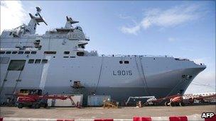 File picture of a Mistral high-tech amphibious helicopter carrier assault and command ship at the STX shipyard in Saint Nazaire, western France