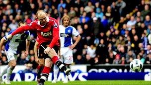 Wayne Rooney scoring the penalty against Blackburn Rovers which clinched Manchester United's 19th title