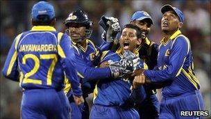 Sri Lanka players in action during the cricket World Cup