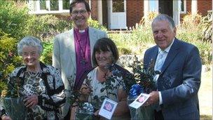 Beryl Waters, Mary Carter and Mike Arbon with the Right Reverend Nigel Stock