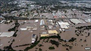 Flooded residential and industrial areas in Brisbane
