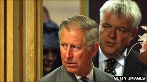 Carwyn Jones arriving at the Senedd with Prince Charles