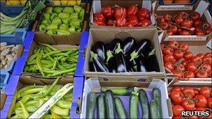 Vegetables at a greengrocer's shop in Hamburg, Germany, 7 June 2011