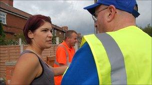 Councillor Mark Dobson speak to Becky Allatt