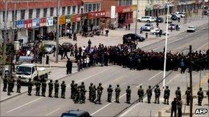 Handout photo taken on 23 May 2011 by Southern Mongolian Human Rights shows Chinese riot police blocking a street in Xilinhot