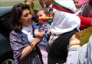 Leyla Zana (head uncovered) meets supporters