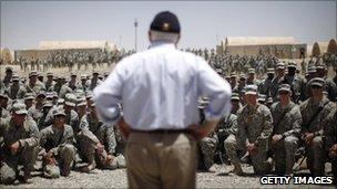 Robert Gates speaking to Soldiers in Afghanistan