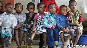 Refugee children living at a Catholic church in LURD (Liberians United for Reconciliation and Democracy) rebel territory