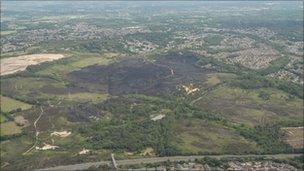 Aerial shot of Upton Heath showing the area damaged by the fire