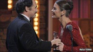 Mark Rylance picks up his award from Catherine Zeta Jones