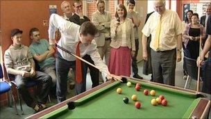 Nick Clegg and Bob Russell playing pool