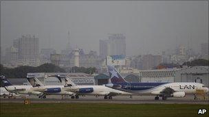 Planes sit at Jorge Newbery airport