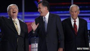 Newt Gingrich, Mitt Romney and Ron Paul at the first New Hampshire debate of the 2012 campaign