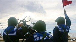 Vietnamese sailors training with a 12.7mm machine gun on Phan Vinh Island in the Spratly archipelago