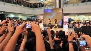 South Korean girl band 4minute perform a concert in a mall in Manila, in the Philippines