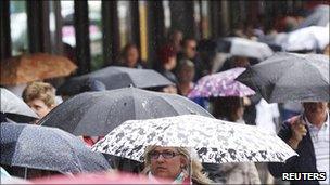 Shoppers in rain