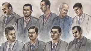 Court artist's drawing of the nine defendants