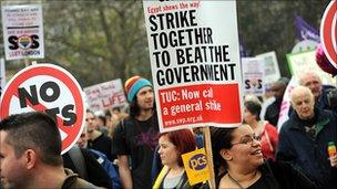 Union members protest against government spending cuts in March