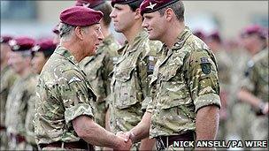 Prince Charles with members of the Parachute Regiment at Merville Barracks