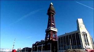 Blackpool Tower and promenade during construction work