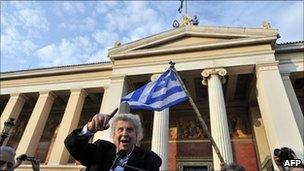 Composer Mikis Theodorakis gives a speech in Athens.