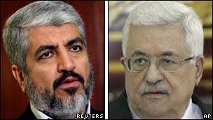 Compilation picture of Khaled Meshaal, left and Mahmoud Abbas