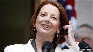 Australia's Prime Minister Julia Gillard speaks during a news conference (20 June)