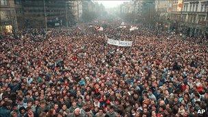 massive crowds demonstrate during the Velvet Revolution