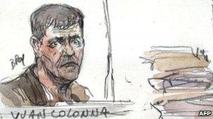 An artist's sketch shows Yvan Colonna in court in Paris, 15 June 2011