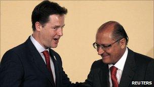 Nick Clegg (left) meets Geraldo Alckmin, the Governor of Sao Paulo state