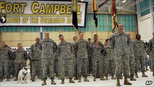 The 101st Airborne standing at attention at the Fort Campbell military base