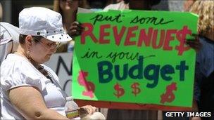 Demonstrators outside the California state building (14 June 2011)