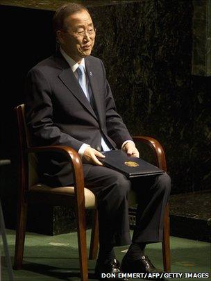 Ban Ki-moon waits to address the UN General Assembly after his re-election at Secretary General