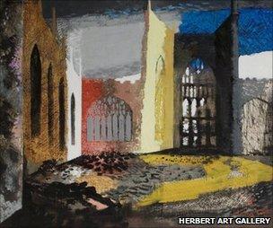 John Piper, Interior of Coventry Cathedral, 15 November 1940 ©Herbert Art Gallery