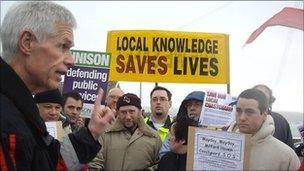 Sir Alan Massey of the MCA spoke to protesters when he visited Milford Haven