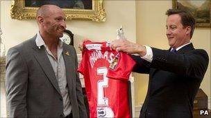 David Cameron with rugby player Gareth Thomas in Downing Street