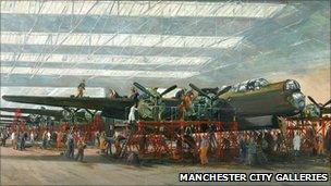 Avro Lancaster Bombers at Woodford, 1944, oil on canvas, Charles Cundall