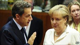 French President Nicolas Sarkozy and German Chancellor Angela Merkel at Brussels summit, 24 Jun 11