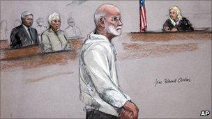 A courtroom drawing of James "Whitey" Bulger