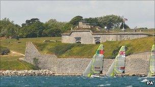 Nothe Gardens and Fort with fleet in sea