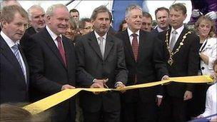 John Hume, Martin Mcguinness, Enda kenny, Johannes Hahn, Peter Robinson, Nelson McCausland, Maurice Devenney cutting ribbons