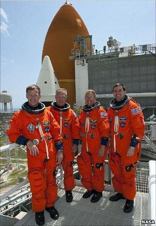 From left are Commander Chris Ferguson, Pilot Doug Hurley, Mission Specialists Sandy Magnus and Rex Walheim (Nasa)
