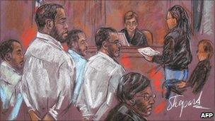 The four men, shown in a courtroom sketch in October