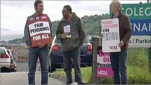 Small group of protesters outside Coleg Menai, Bangor