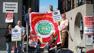 Picket line outside passport office in Liverpool