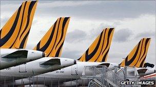 Tiger Airways aircraft grounded on the tarmac at Melbourne Airport