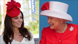 Kate Middleton and the Queen, both in maple leaf brooches and red and white hats